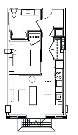 Floor plan for 1 bed, 1 bath, 613 sqft